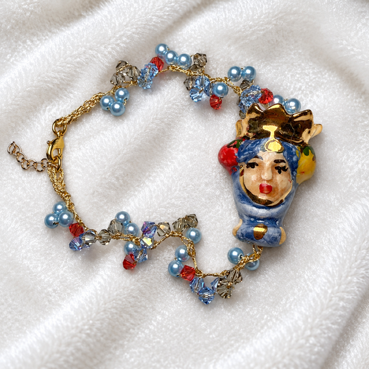 Moor’s Crown handmade Sicilian Testa di Moro bracelet with Swarovski crystals and blue Majorca pearls