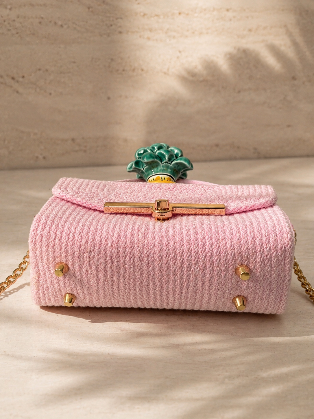 Emerald Blush · Sicilian Pink Cotton Bag with Green Caltagirone Pine Cone
