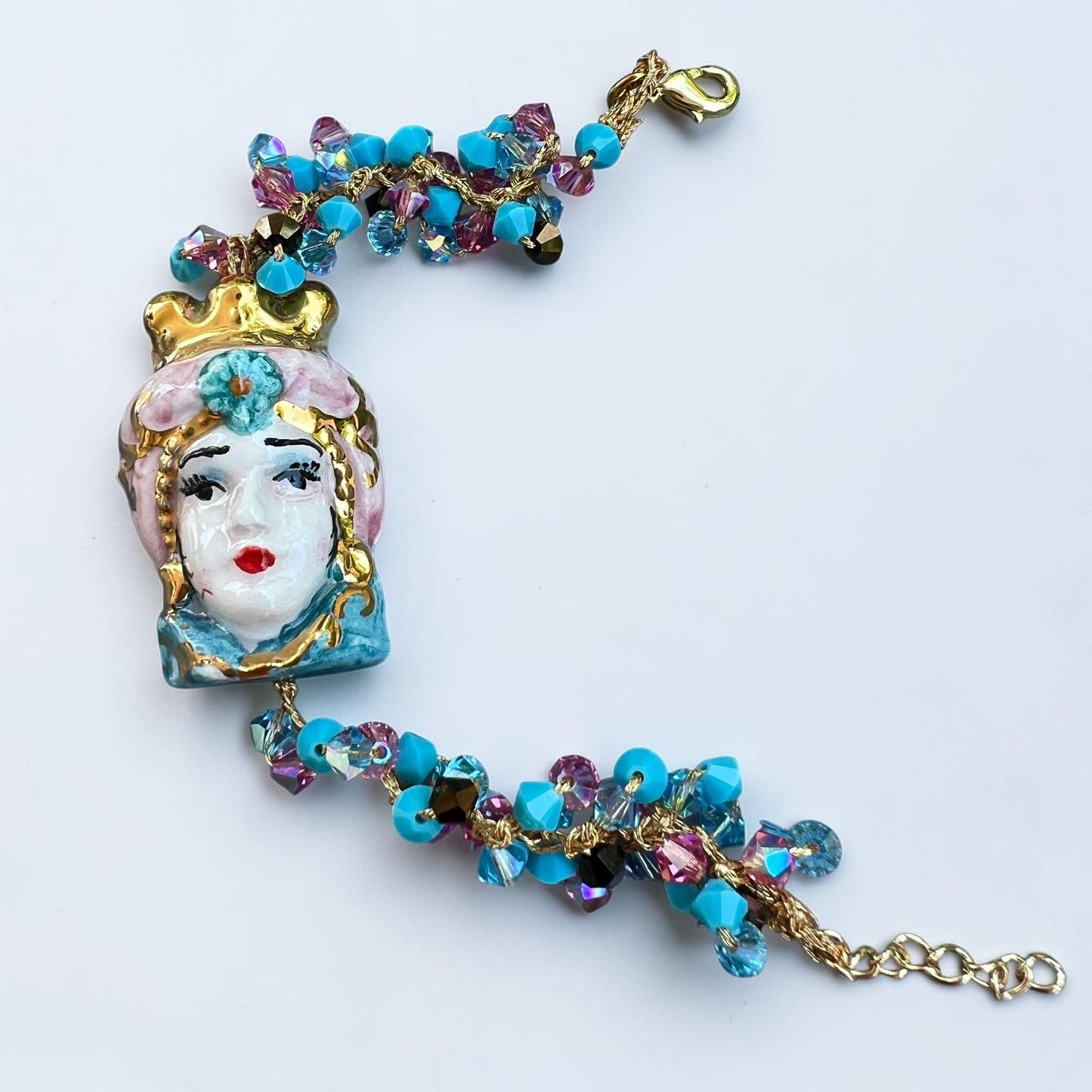 Moor’s Charm – Sicilian Ceramic Testa di Moro & Turquoise Crystal Bracele