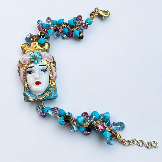 Moor’s Charm – Sicilian Ceramic Testa di Moro & Turquoise Crystal Bracele