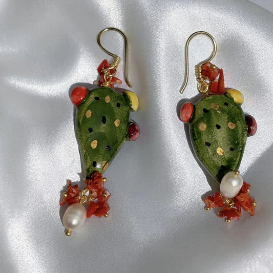 Sicilian Prickly Pear Earrings with Coral and Pearls