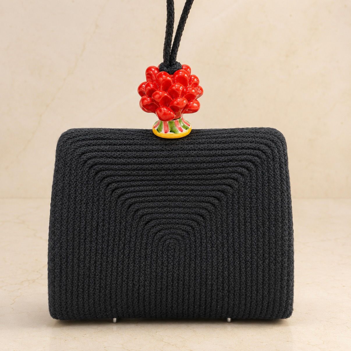 Midnight Prosperity – Sicilian Cotton Cord Bag with Caltagirone Pine Cone