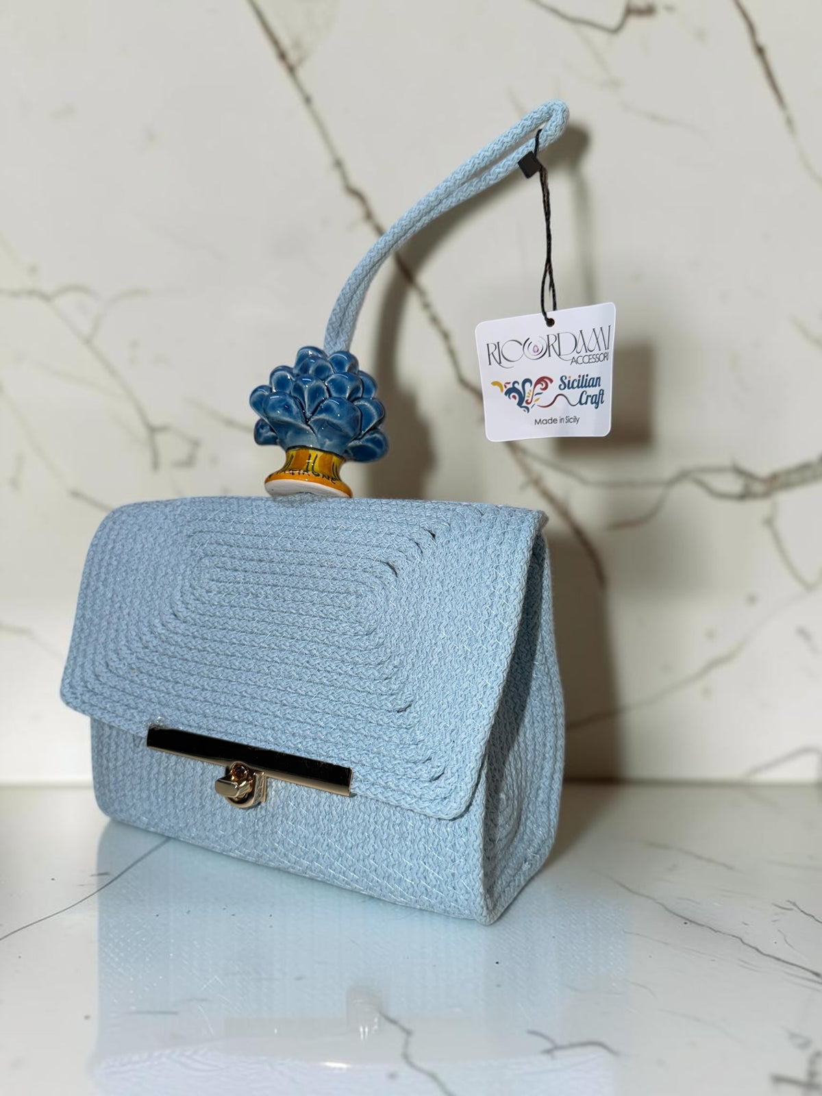 Skyline Bloom · Sicilian Powder Blue Cotton Bag with Blue Caltagirone Pine Cone