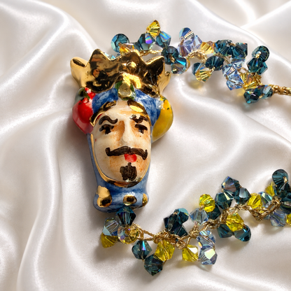 Handmade Sicilian Testa di Moro bracelet with hand-painted Caltagirone ceramic and blue yellow Swarovski crystals