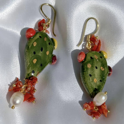 Sicilian Prickly Pear Earrings with Coral and Pearls