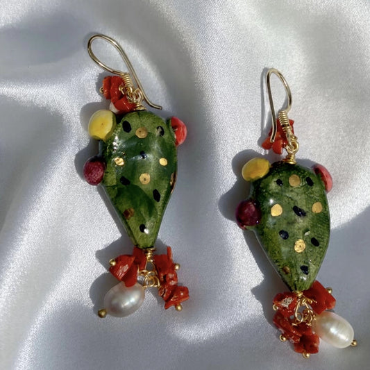Handmade Sicilian prickly pear earrings with hand-painted Caltagirone ceramic, Italian red coral and freshwater pearls