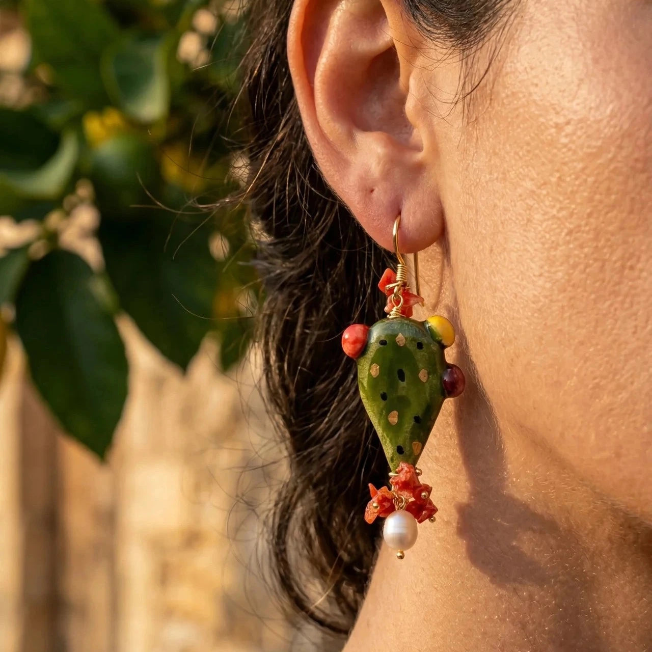Sicilian Prickly Pear Earrings with Coral and Pearls