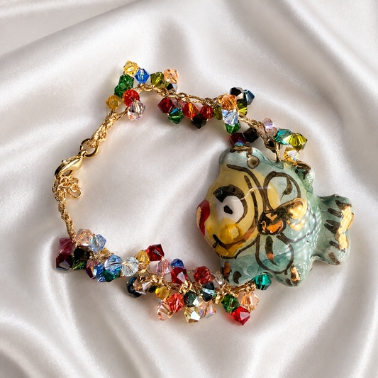 Handmade Sicilian ceramic fish bracelet with colorful Swarovski crystals and gold details