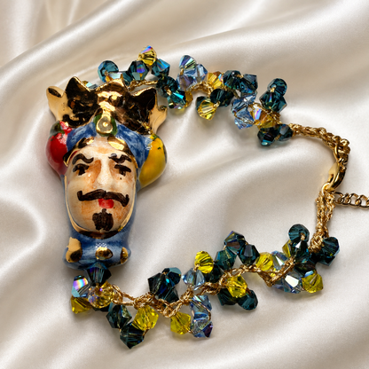 Moor’s Legacy handmade Sicilian Testa di Moro bracelet with blue and yellow Swarovski crystal details