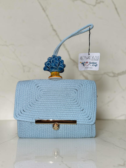 Skyline Bloom · Sicilian Powder Blue Cotton Bag with Blue Caltagirone Pine Cone
