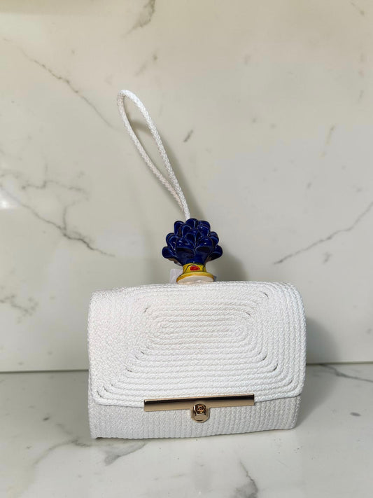 Cobalt Radiance · Sicilian Ivory Cotton Bag with Caltagirone Pine Cone