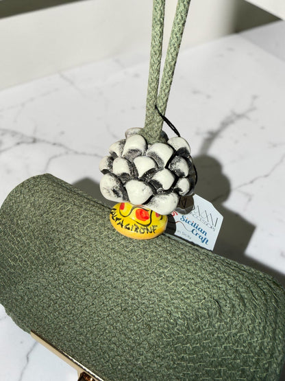 Etna Shadow · Sicilian Deep Green Cotton Bag with Black and White Caltagirone Pine Cone