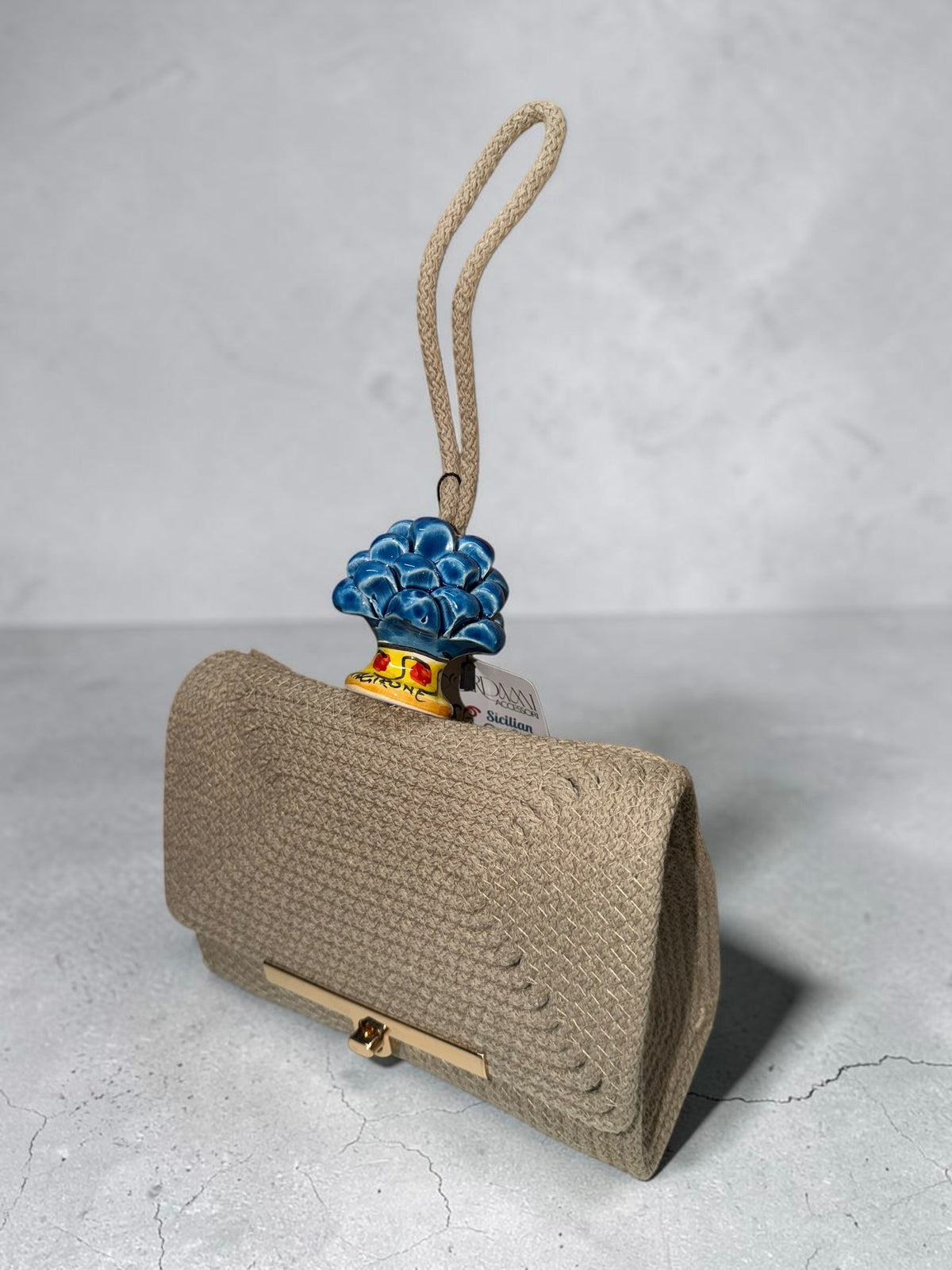 Stone Azure · Sicilian Taupe Cotton Bag with Blue Caltagirone Pine Cone