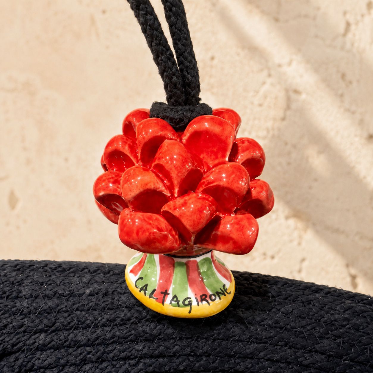 Midnight Prosperity – Sicilian Cotton Cord Bag with Caltagirone Pine Cone