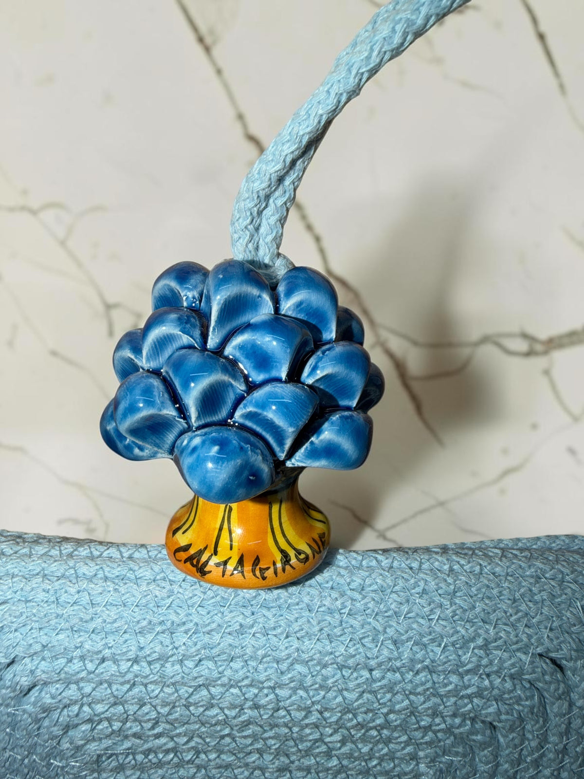 Skyline Bloom · Sicilian Powder Blue Cotton Bag with Blue Caltagirone Pine Cone