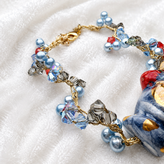 Close-up of blue Majorca pearls and Swarovski crystals on handmade Sicilian Testa di Moro bracelet