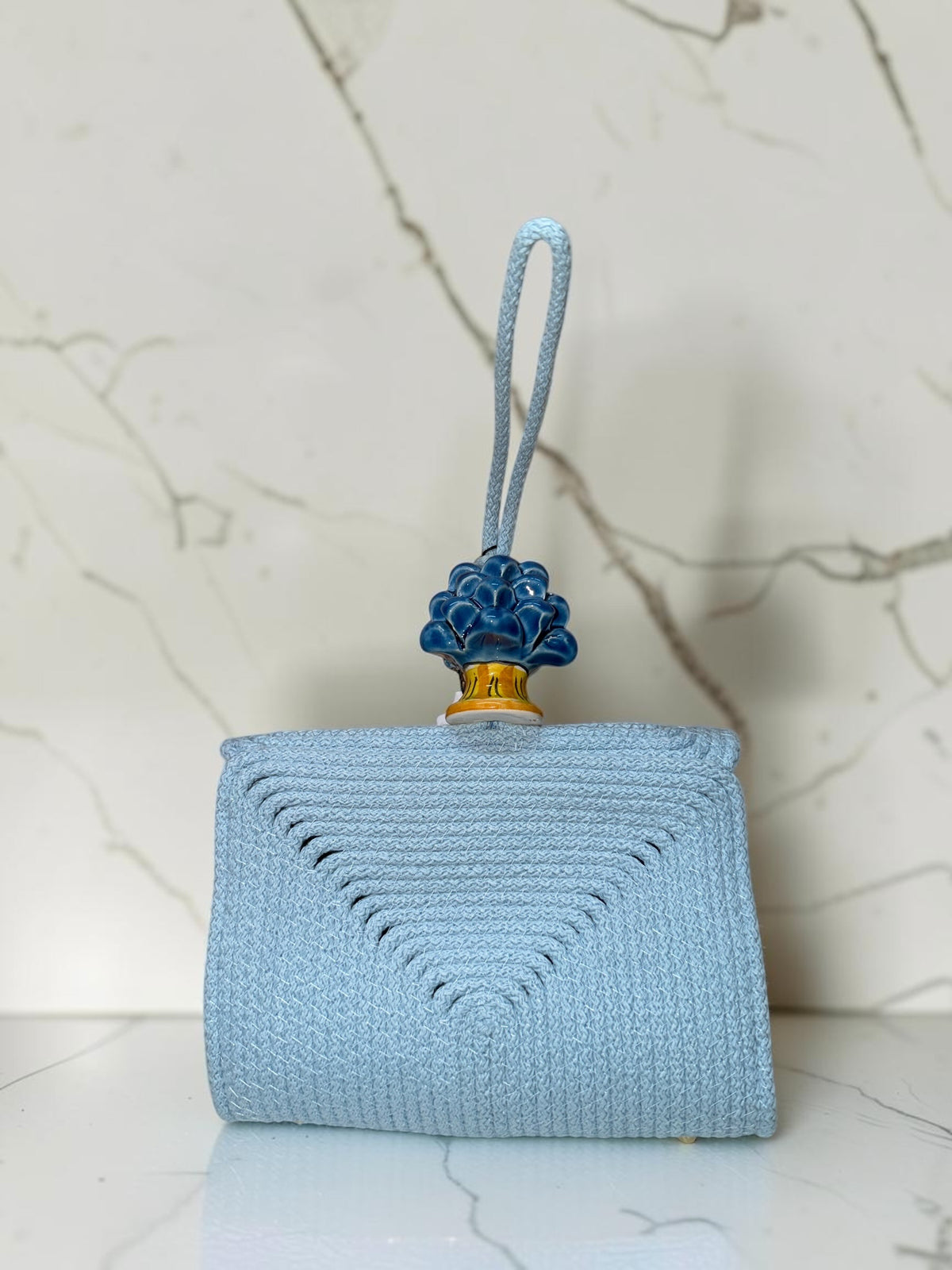 Skyline Bloom · Sicilian Powder Blue Cotton Bag with Blue Caltagirone Pine Cone