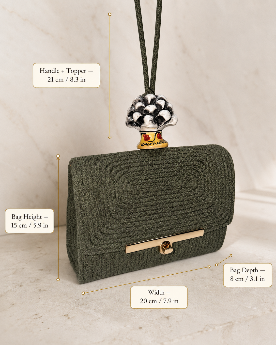 Etna Shadow · Sicilian Deep Green Cotton Bag with Black and White Caltagirone Pine Cone