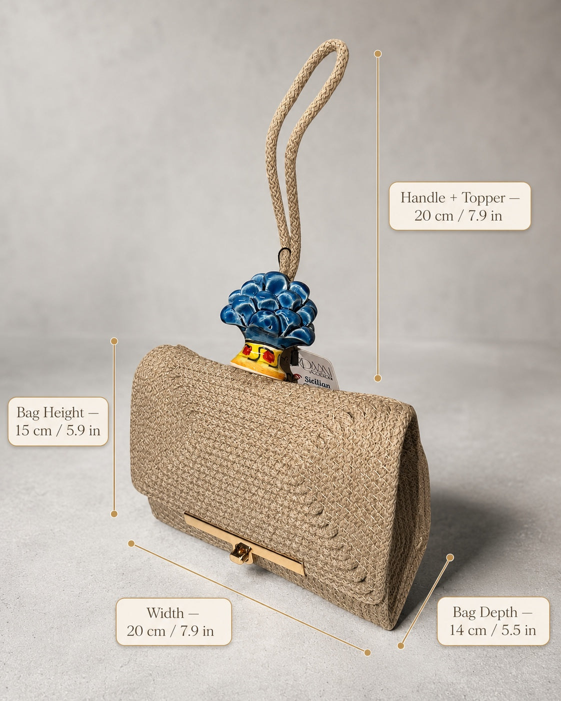 Stone Azure · Sicilian Taupe Cotton Bag with Blue Caltagirone Pine Cone