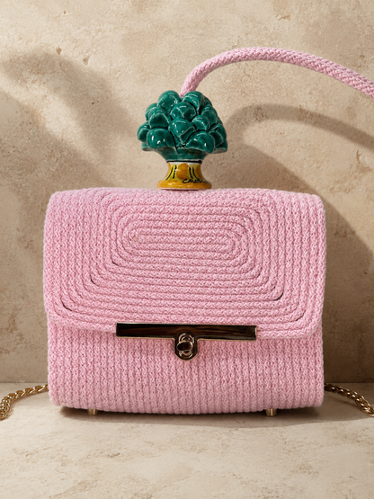 Emerald Blush · Sicilian Pink Cotton Bag with Green Caltagirone Pine Cone