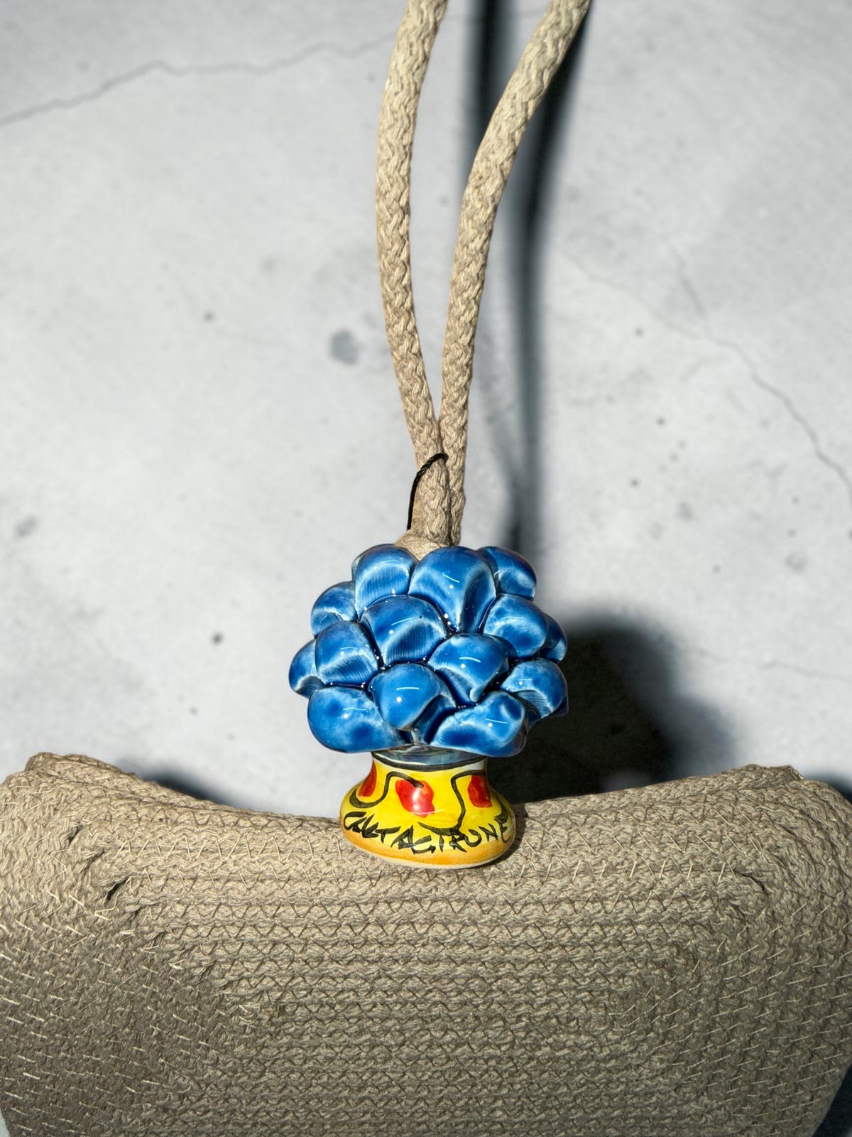 Stone Azure · Sicilian Taupe Cotton Bag with Blue Caltagirone Pine Cone