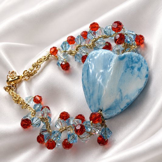 Back view of handmade Caltagirone ceramic Sacred Heart bracelet with Swarovski crystal crochet work