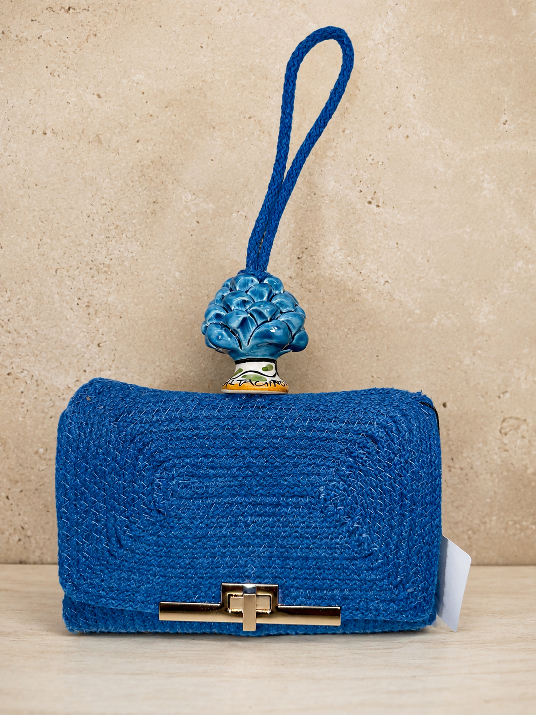 Azure Harmony · Sicilian Cobalt Blue Cotton Bag with Turquoise Caltagirone Pine Cone