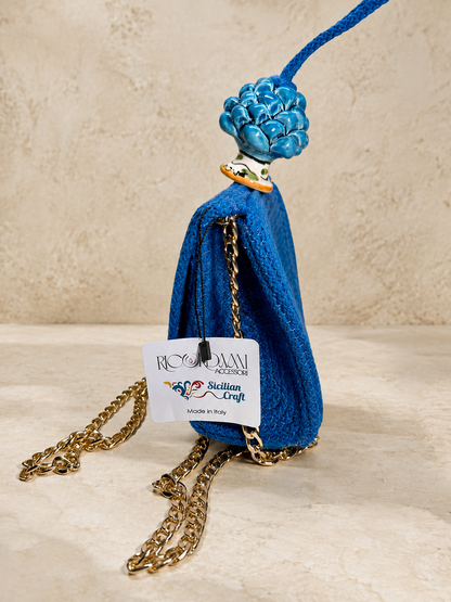 Azure Harmony · Sicilian Cobalt Blue Cotton Bag with Turquoise Caltagirone Pine Cone