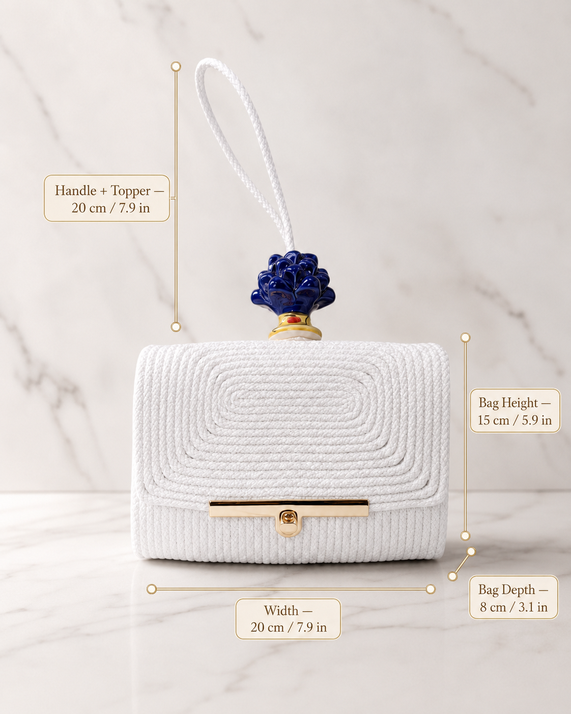 Cobalt Radiance · Sicilian Ivory Cotton Bag with Caltagirone Pine Cone