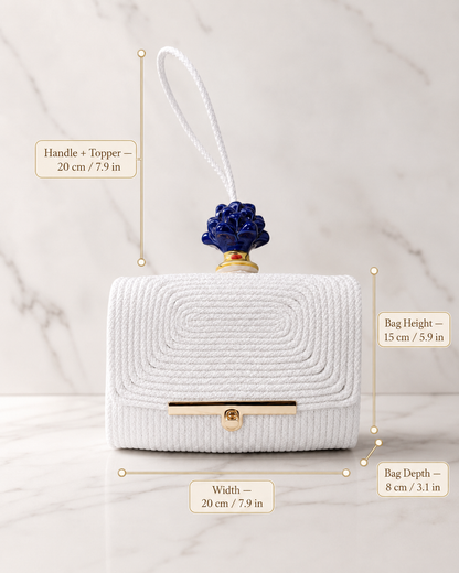Cobalt Radiance · Sicilian Ivory Cotton Bag with Caltagirone Pine Cone