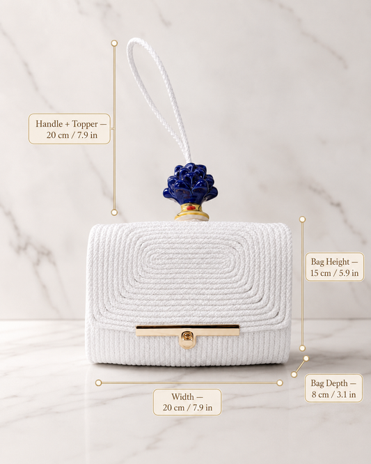 Cobalt Radiance · Sicilian Ivory Cotton Bag with Caltagirone Pine Cone