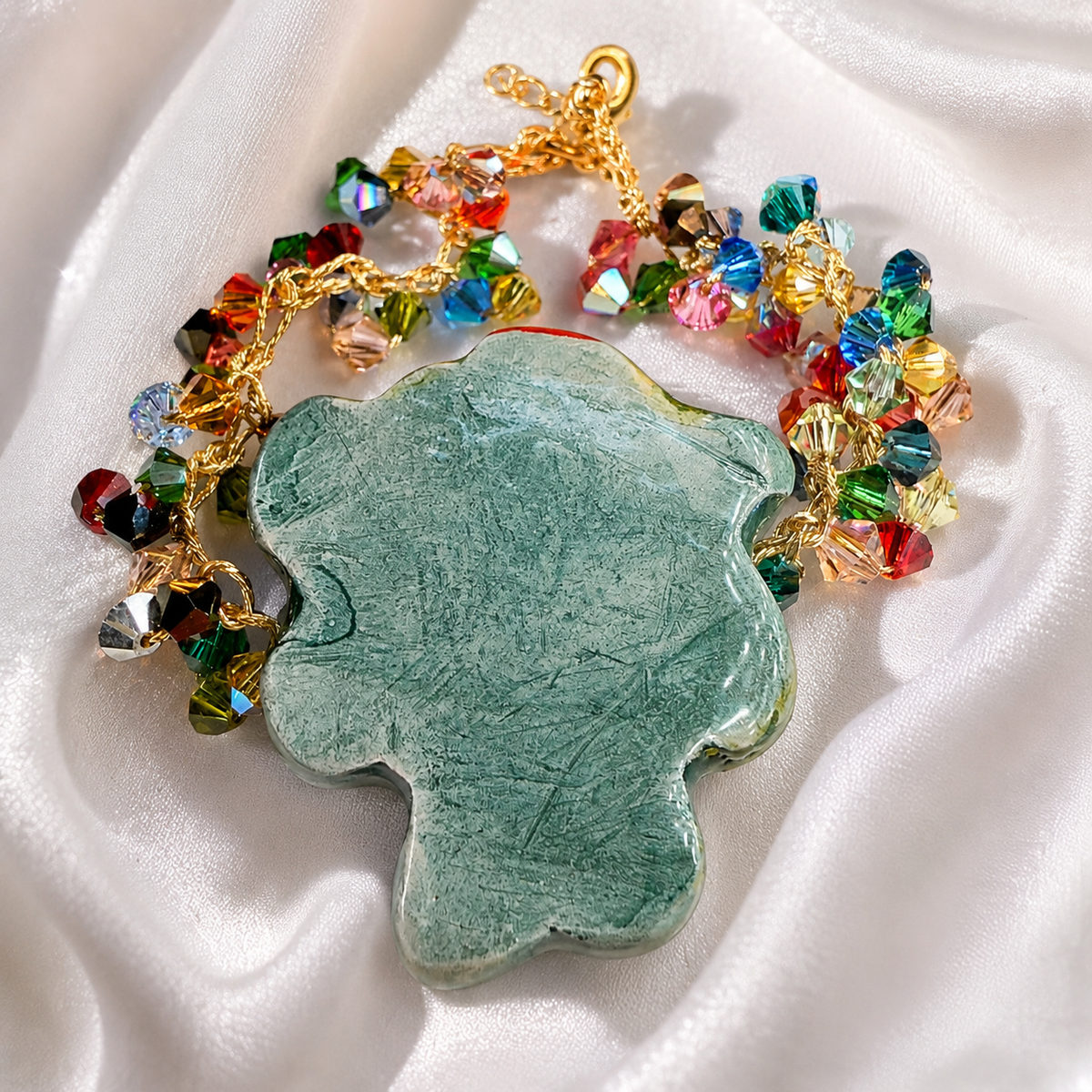 Back view of handmade Sicilian ceramic fish bracelet with multicolor Swarovski crystals