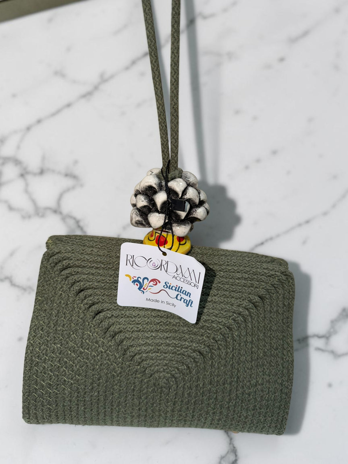 Etna Shadow · Sicilian Deep Green Cotton Bag with Black and White Caltagirone Pine Cone