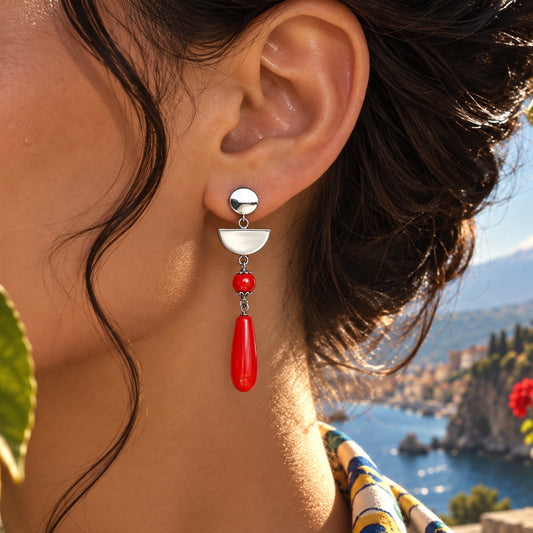 Coral Eclipse · Sardinian Red Coral & Rhodium Silver Earrings