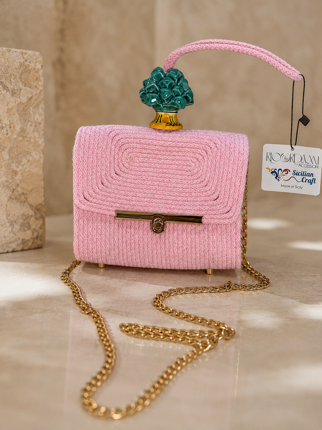 Emerald Blush · Sicilian Pink Cotton Bag with Green Caltagirone Pine Cone