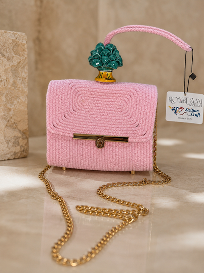 Emerald Blush · Sicilian Pink Cotton Bag with Green Caltagirone Pine Cone