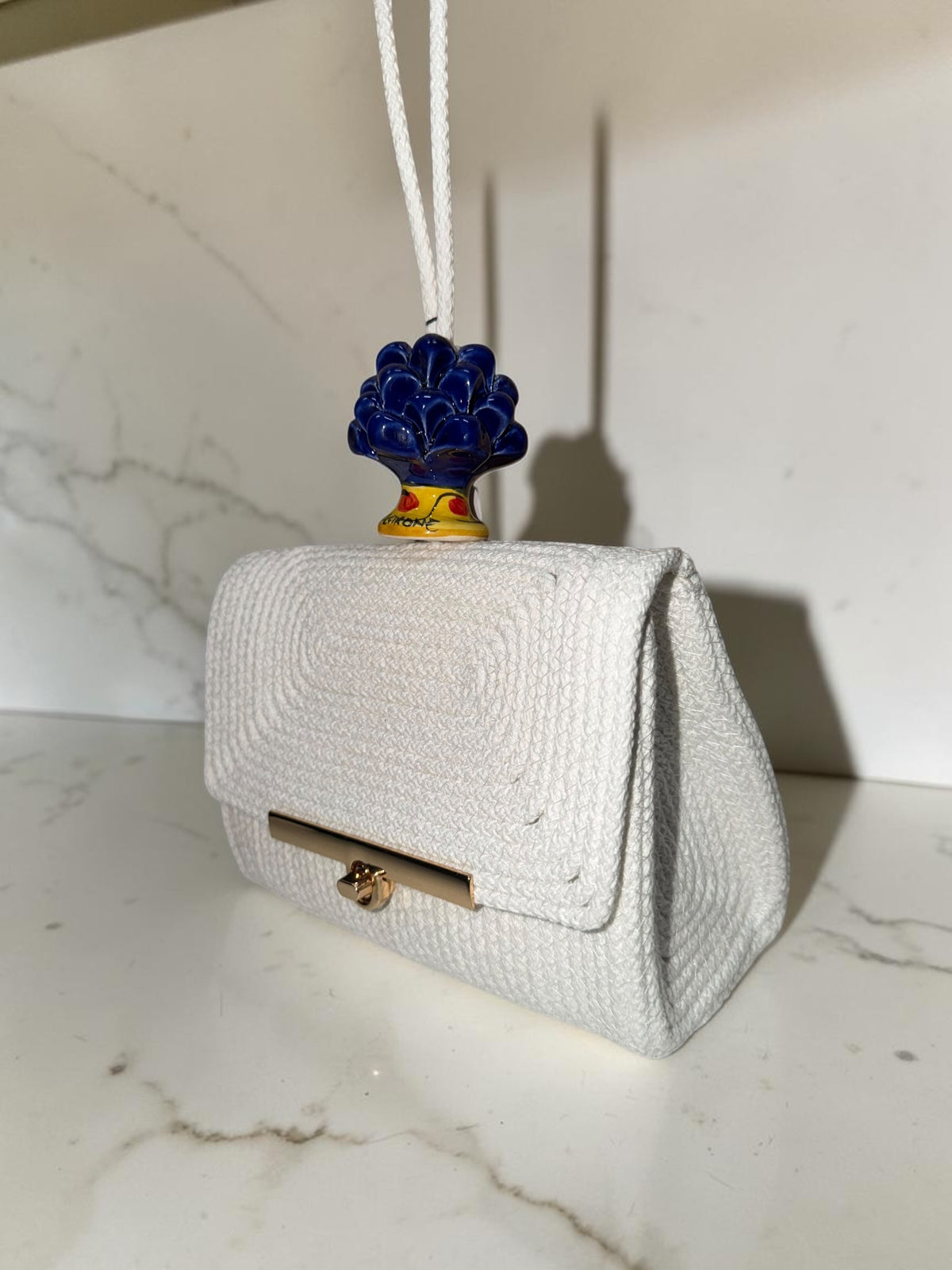 Cobalt Radiance · Sicilian Ivory Cotton Bag with Caltagirone Pine Cone