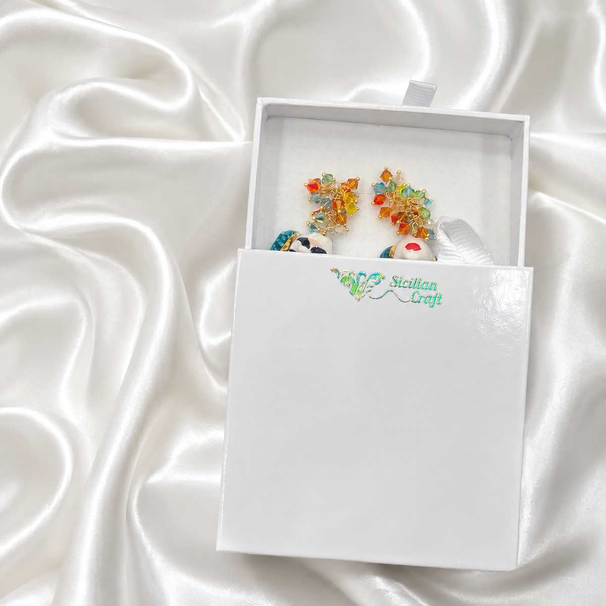 Handmade Sicilian Moor’s Head earrings in Sicilian Craft gift box with hand-painted Caltagirone ceramic and Swarovski crystals